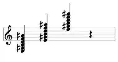 Sheet music of E 7b9#11 in three octaves